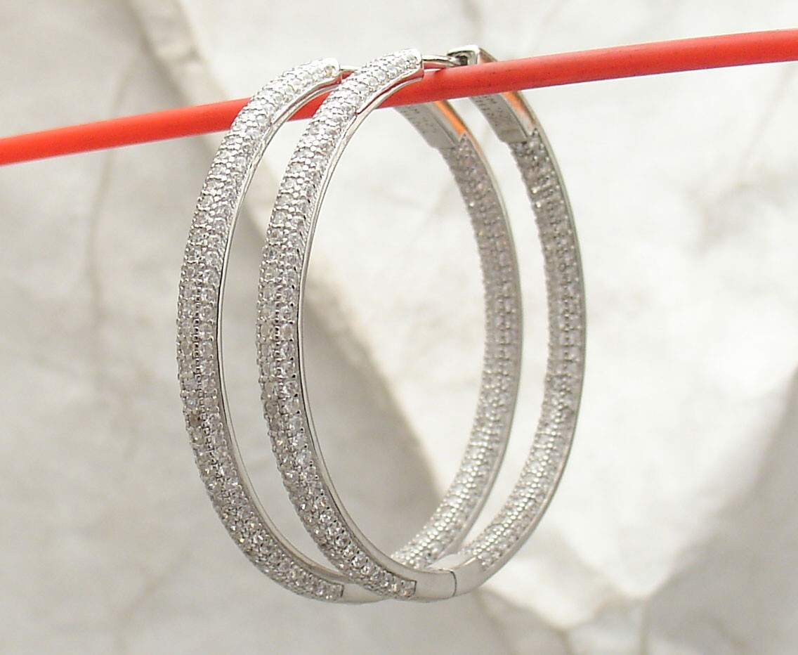 1 1/2″ Inside Out Pave Set Diamonique CZ Hoop Earrings AntiTarnish 925 Silver
