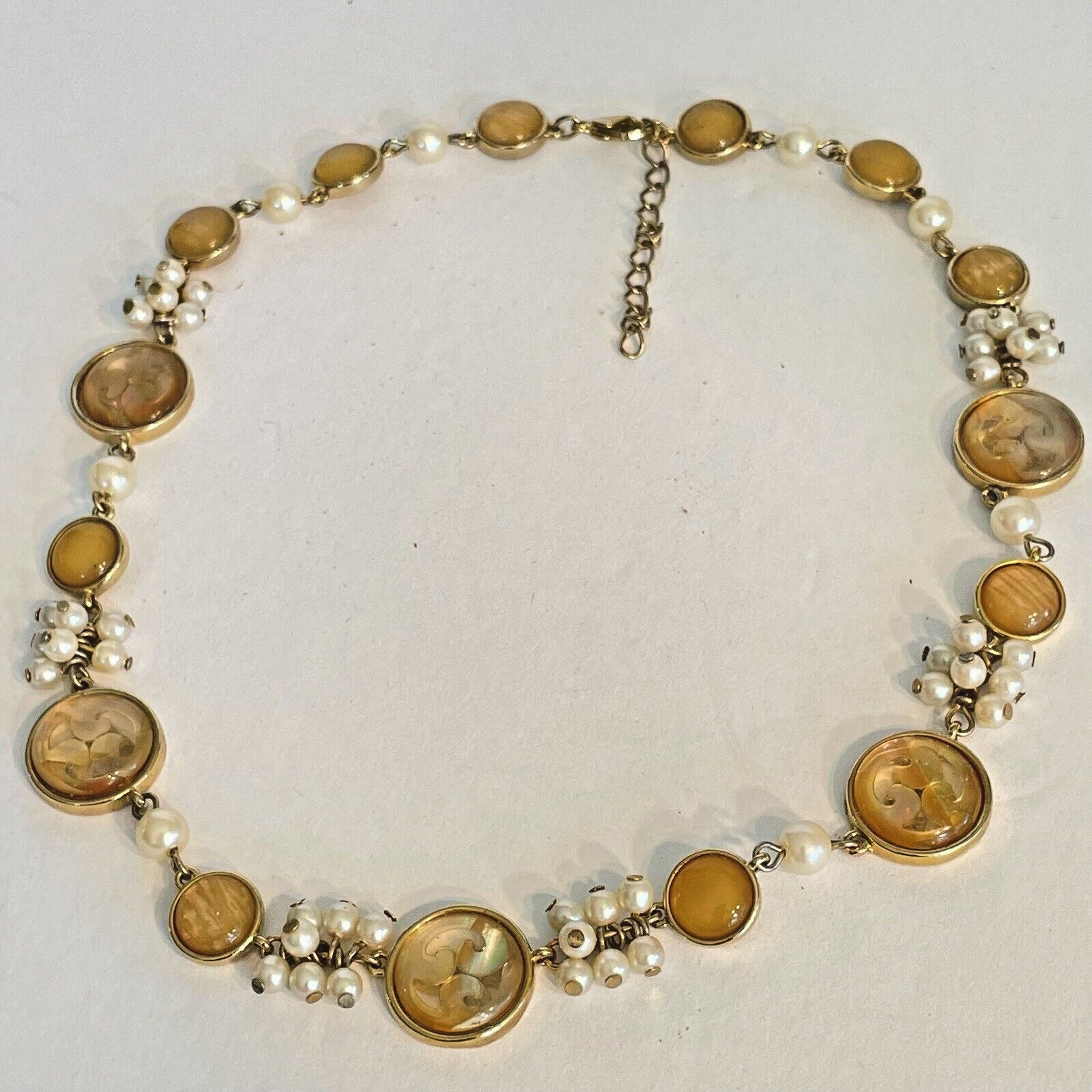 Demi Parure Pearl Amber Asian Resin Circle Necklace Moon Glow Open Work Set