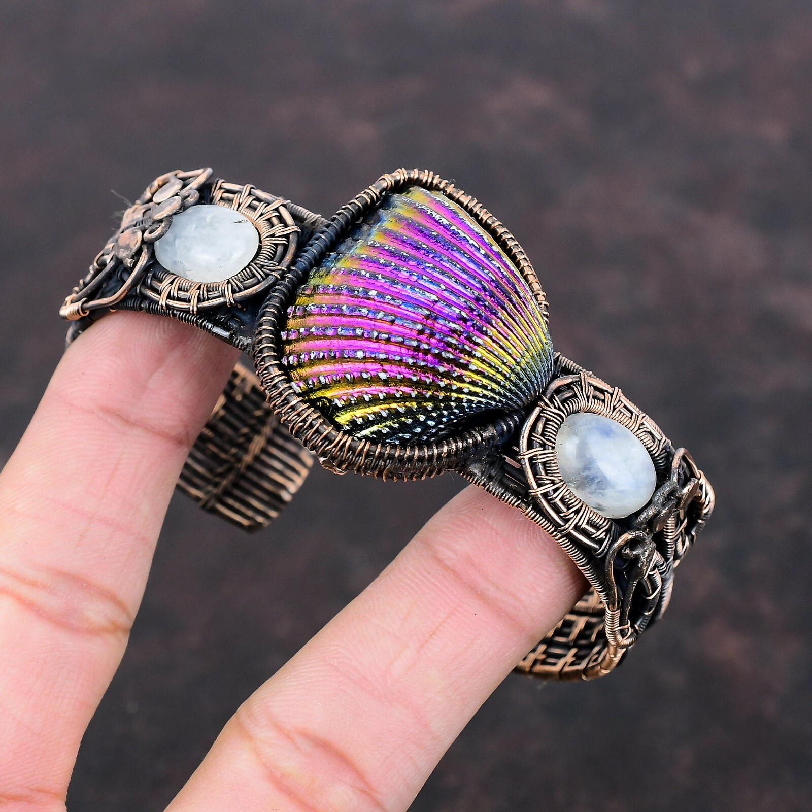 Titanium Coated Shell Stone Rainbow Moonstone Copper Wire Wrapped Wedding Bangle