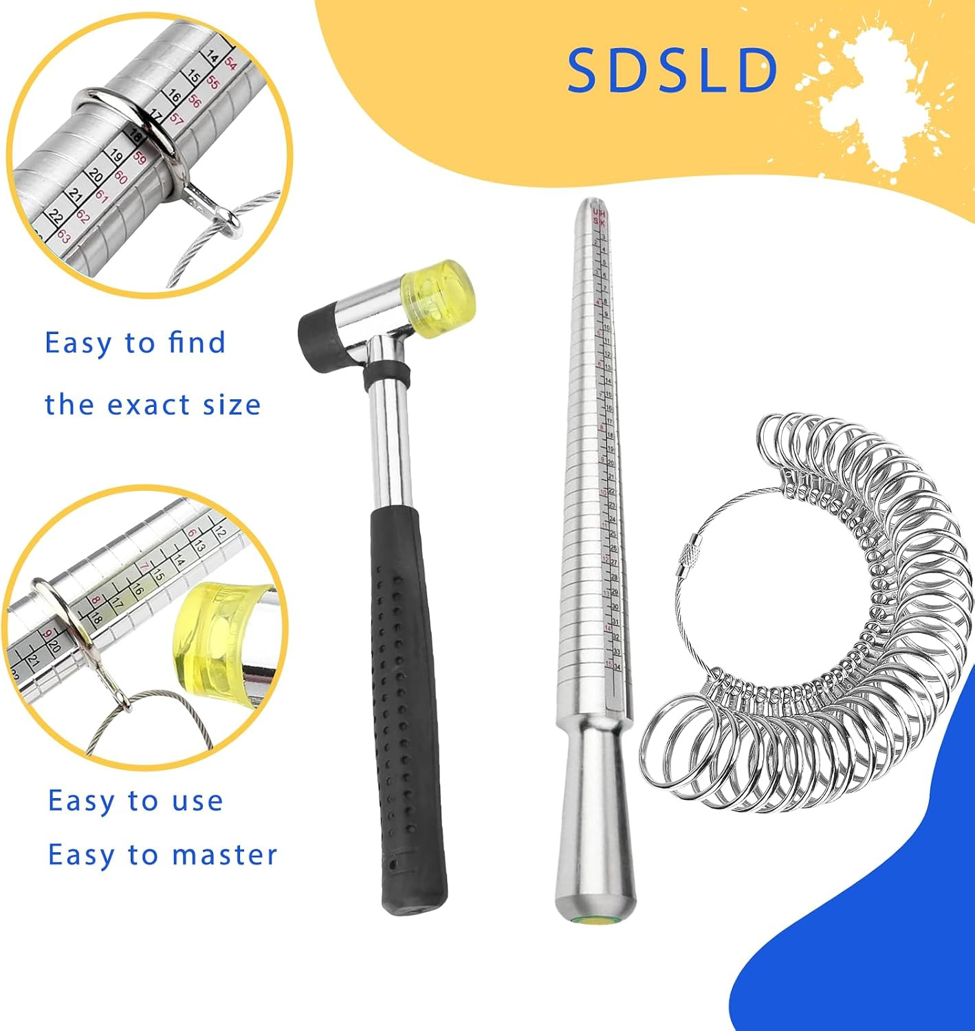 Ring Mandrel Metal Ring Sizer Measuring Tool & Rubber Jewelry Hammer Ring Sizing