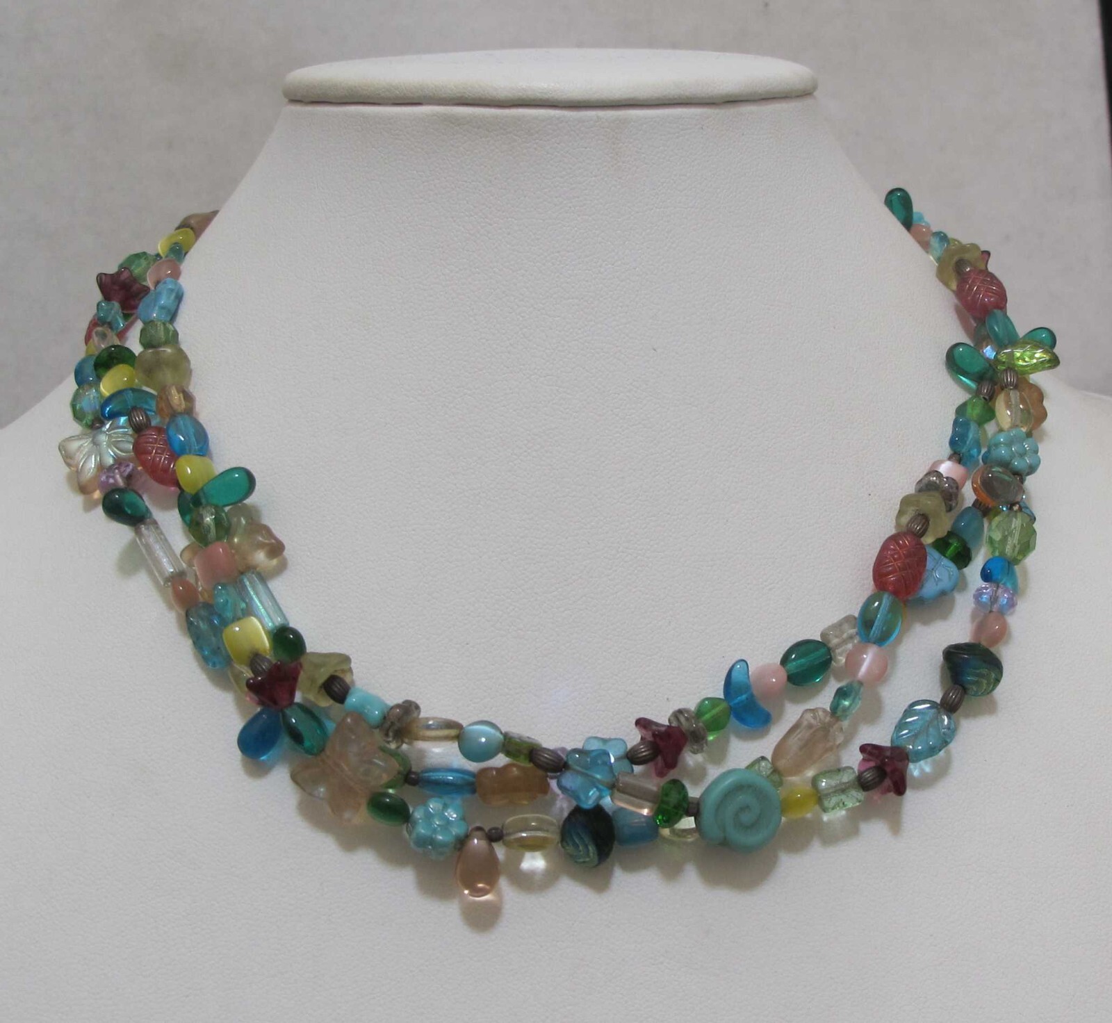 3-Strand Blue Beige Translucent & Iridescent Beads 18” Necklace 925 Clasp