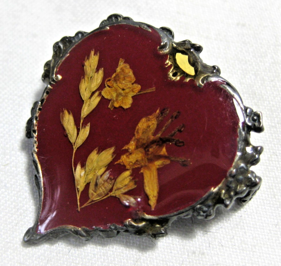 Brooch Pin Silver with Red & Clear Enamel Encased Plant Material 1 1/8″
