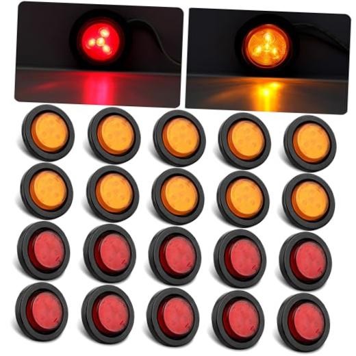 20Pcs 2″ Inch Round Led Marker Clearance Lights 4 LED, 10 Amber + 10 Red | 2