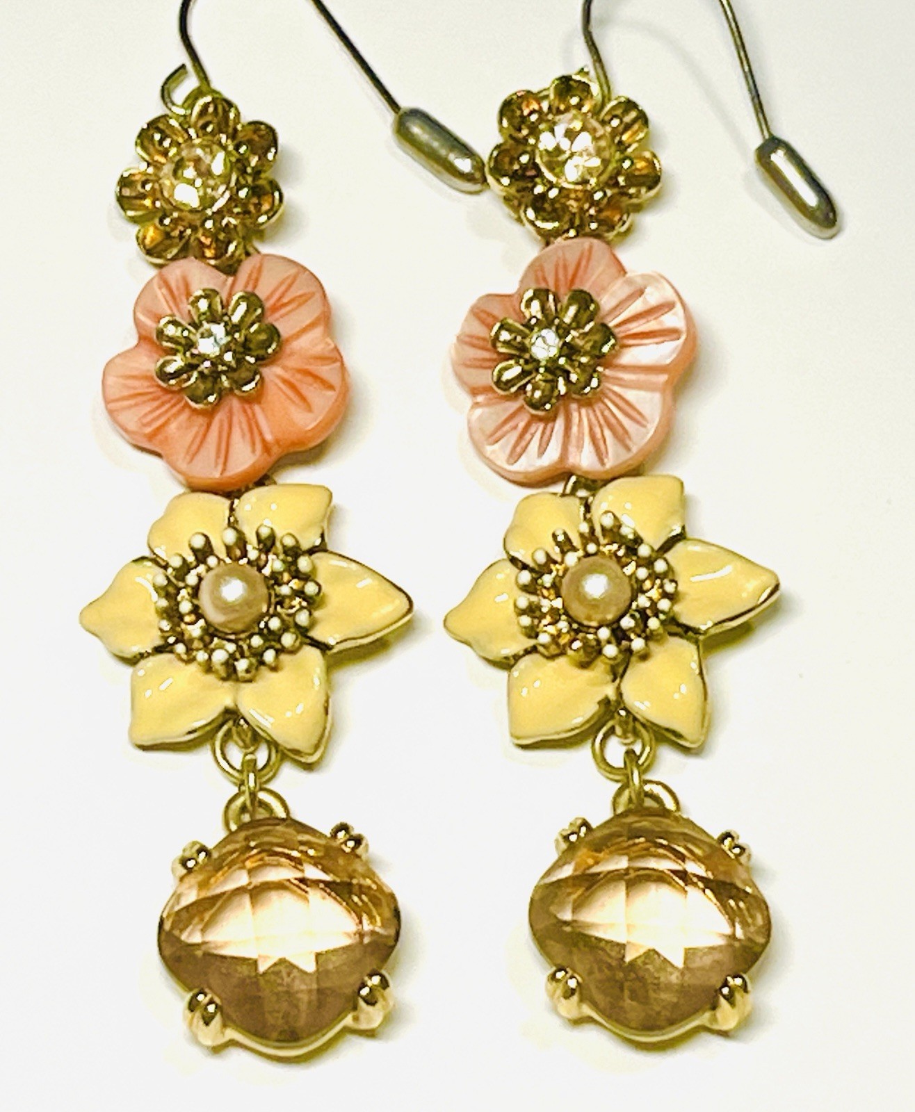 Vintage Gold Dangling Earrings Lilac Faceted Gems, Enamel Flowers, Glass Pearls