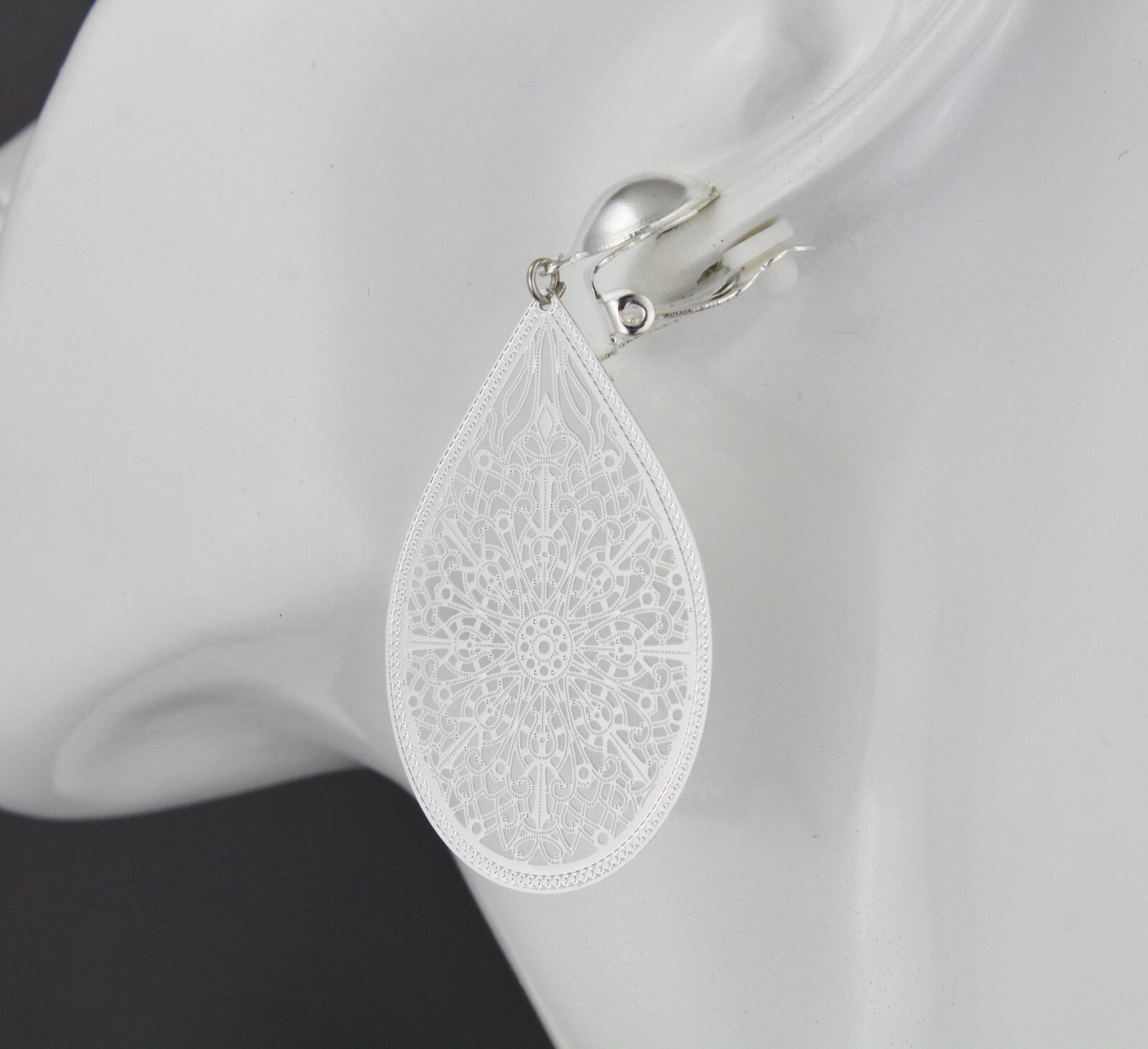 Silver Clip On earrings filigree teardrop pendant clips lightweight 2.5″ long