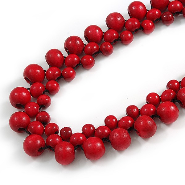 Cluster Wood Beaded Long Necklace in Cherry Red – 82cm Long