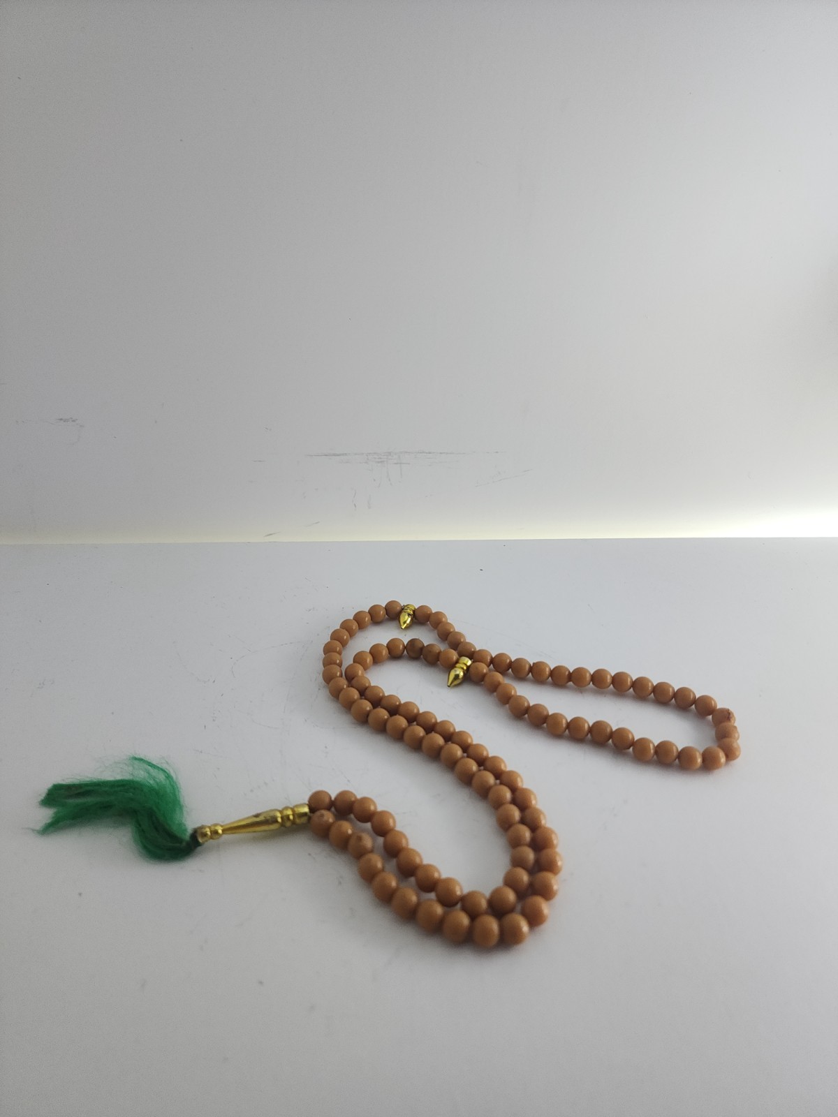 Brown Beige Beads Necklace Meditation Souvenir Green Tassel Gold Tone Charm