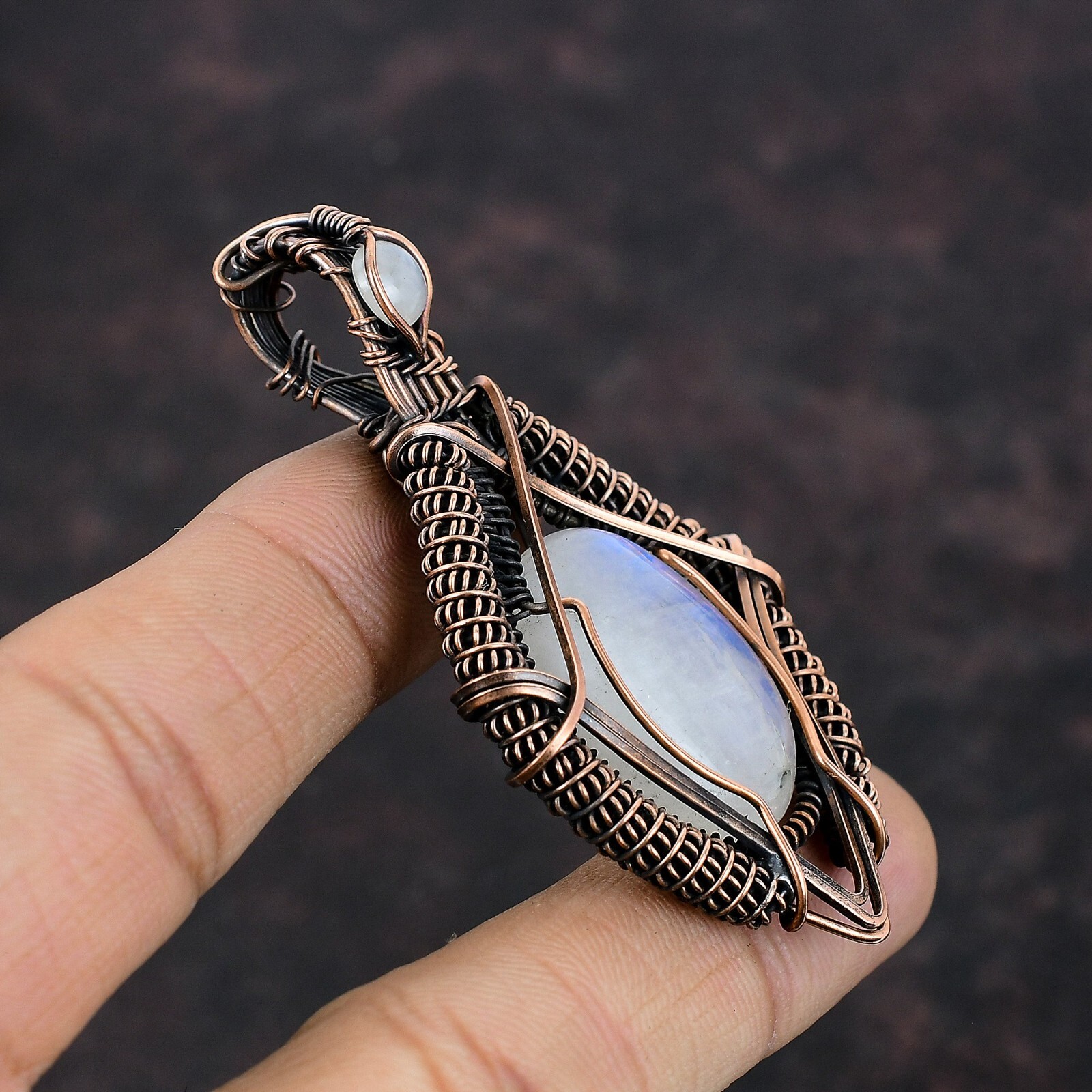 Gift For Her Rainbow Moonstone Wire Wrapped Pendant Copper Jewelry 2.76″