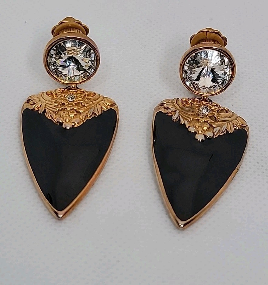 Bijoux Designs NY Signed Black Enamel Rivoli Rhinestones Dangle Clip-on Earrings