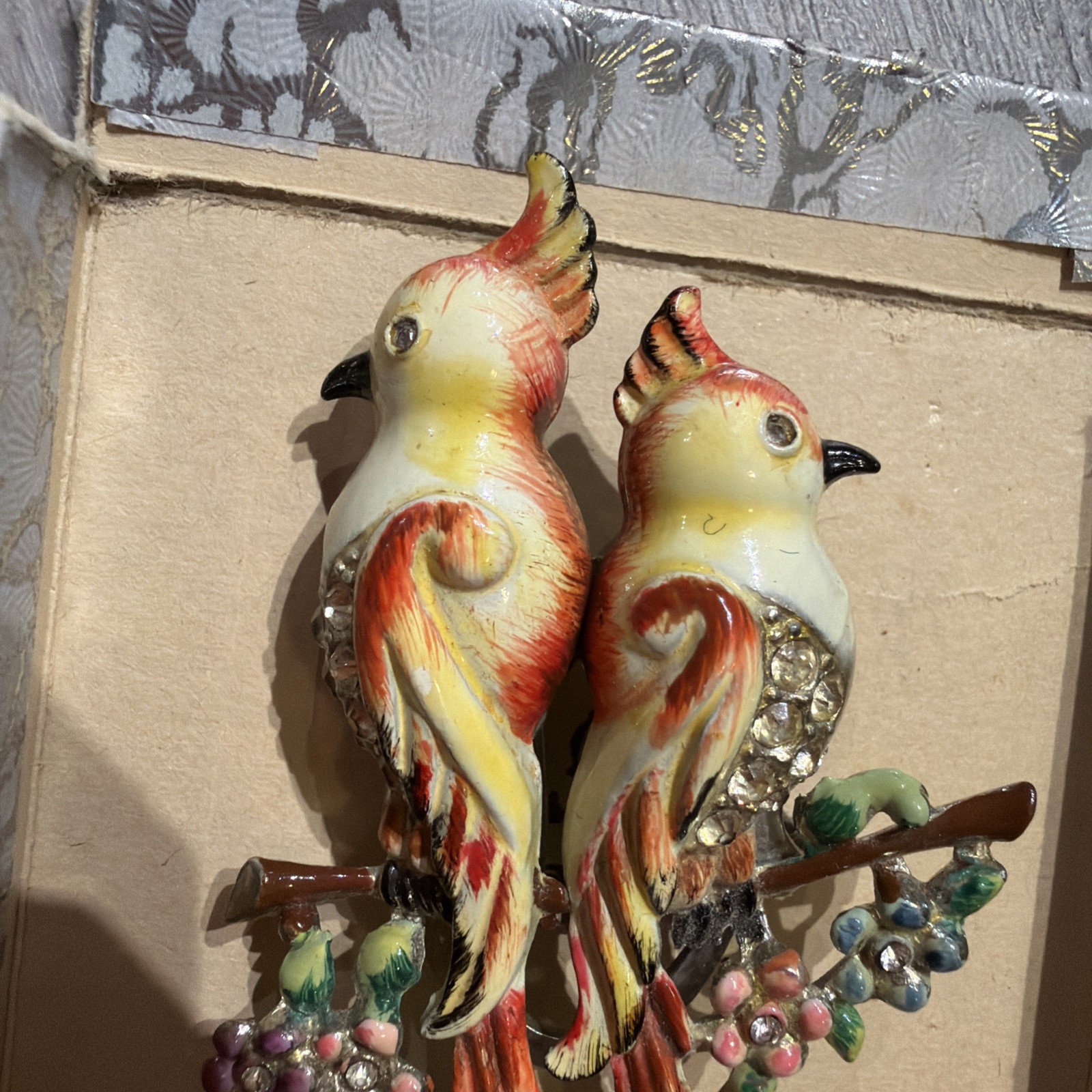 Vintage CORO Duette Birds of Paradise Calopsitta Brooch Fur Clip Rare 1940s