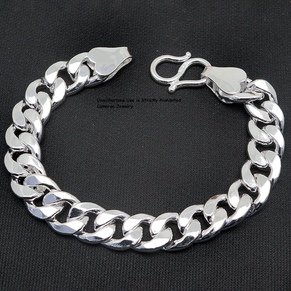 Solid S999 Fine Silver Chain Men 12mm Cuban Curb Link Bracelet 60-61g 8.26in