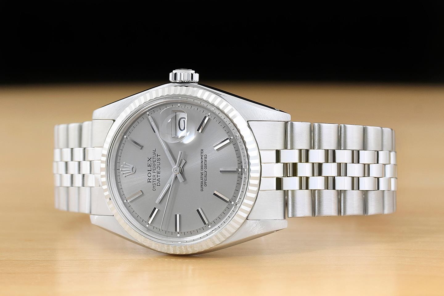 ROLEX DATEJUST 1601 GRAY DIAL 18K WHITE GOLD STEEL FOLDED BRACELET WATCH