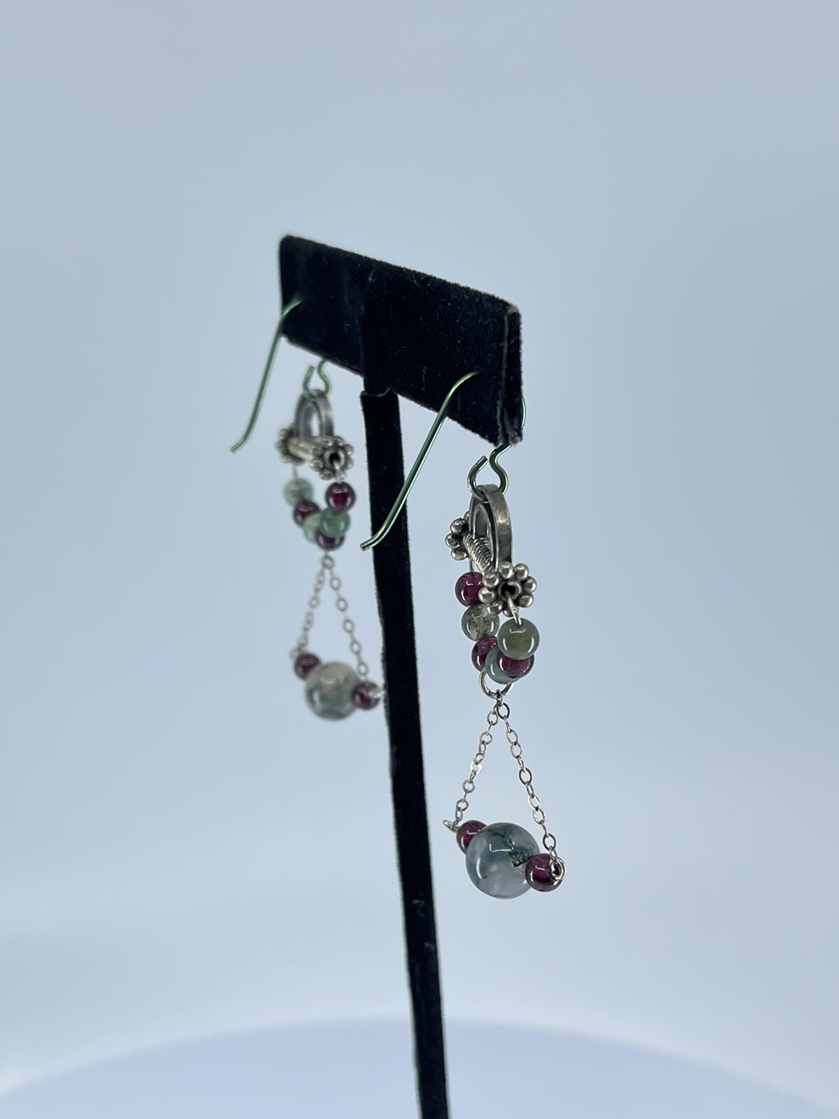Sterling Silver Dangle pierced Earrings small lightweight round polished stones