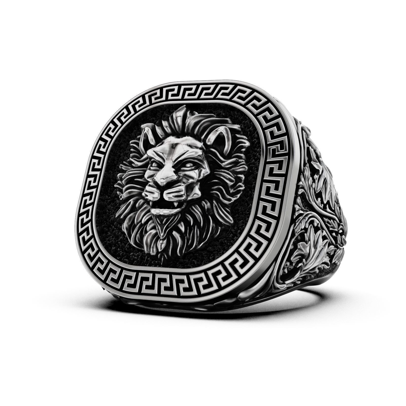 Oxidized Men’s Greek Ornament Pattern Lion 925 Sterling Silver Statement Rings