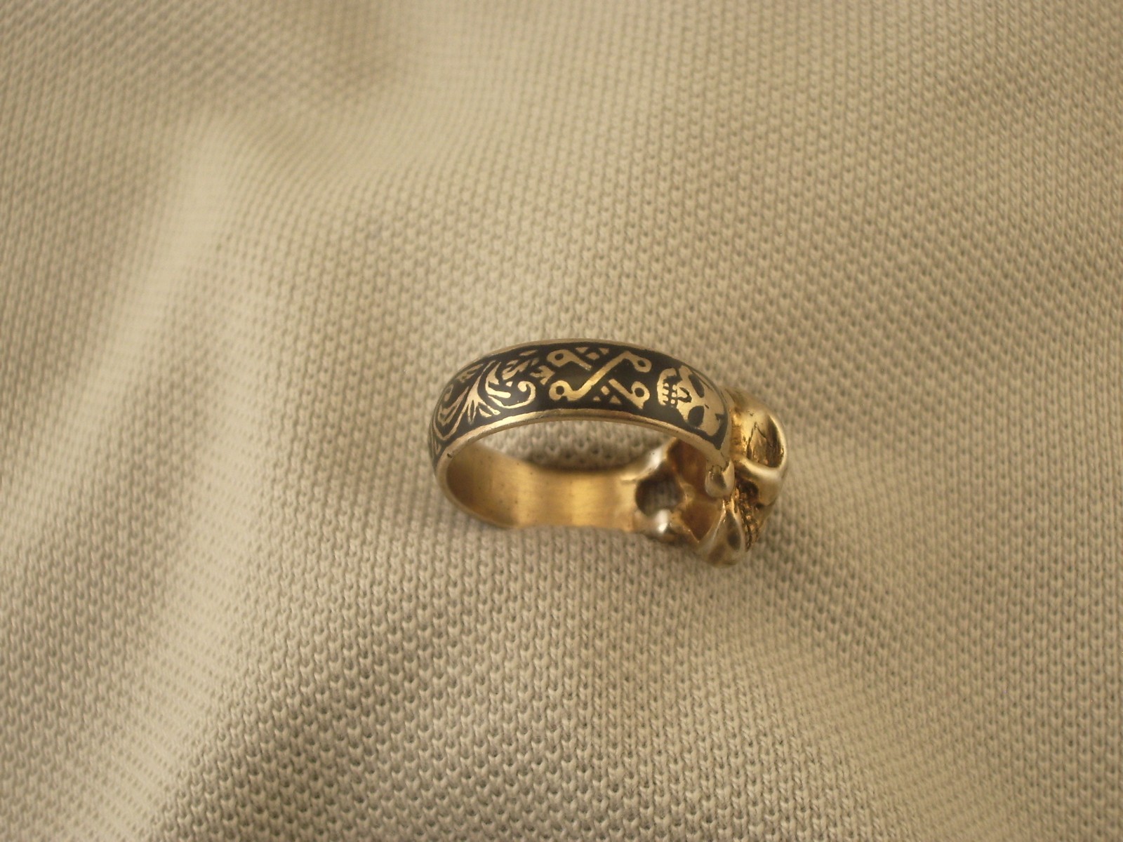 Antique Vtg Gold plated silver enamel diamond masonic memento mori ring Sz7.5