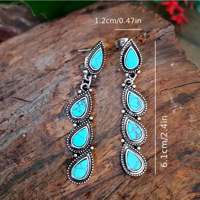 Boho Waterdrop Shape Turquoise Long Earrings 925 Silver Plated Vintage Jewelry