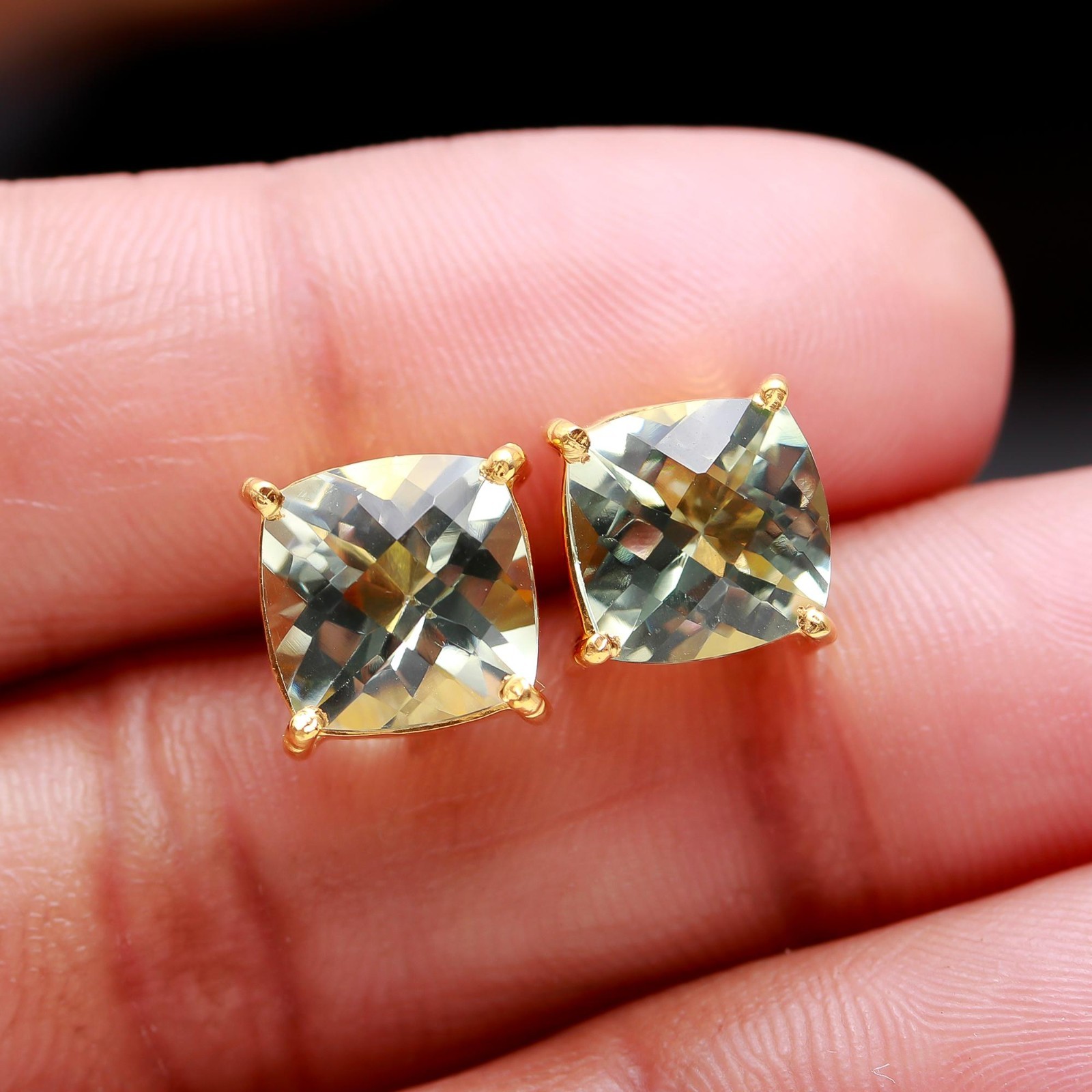 Natural Green Amethyst Cushion Stud Earrings Gold Plated Solid Silver Jewelry