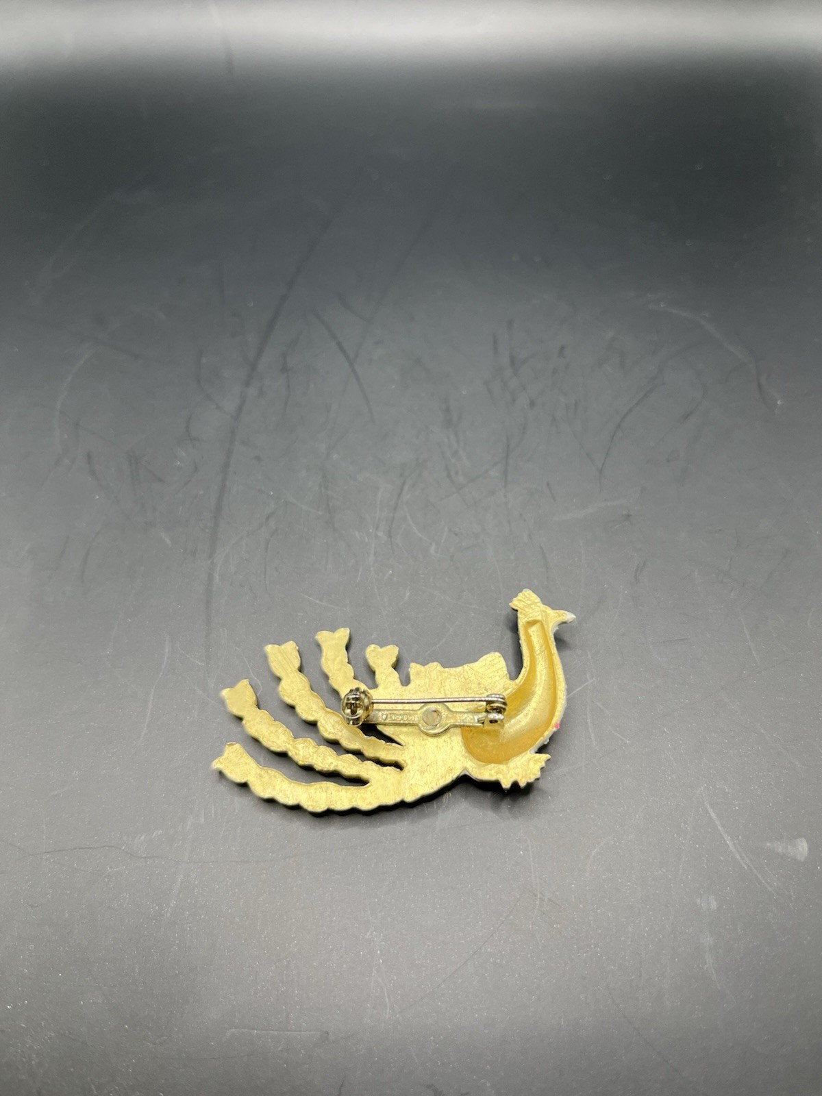 Vintage Gold Tone Painted Peacock Brooch Pin Marked KOREA