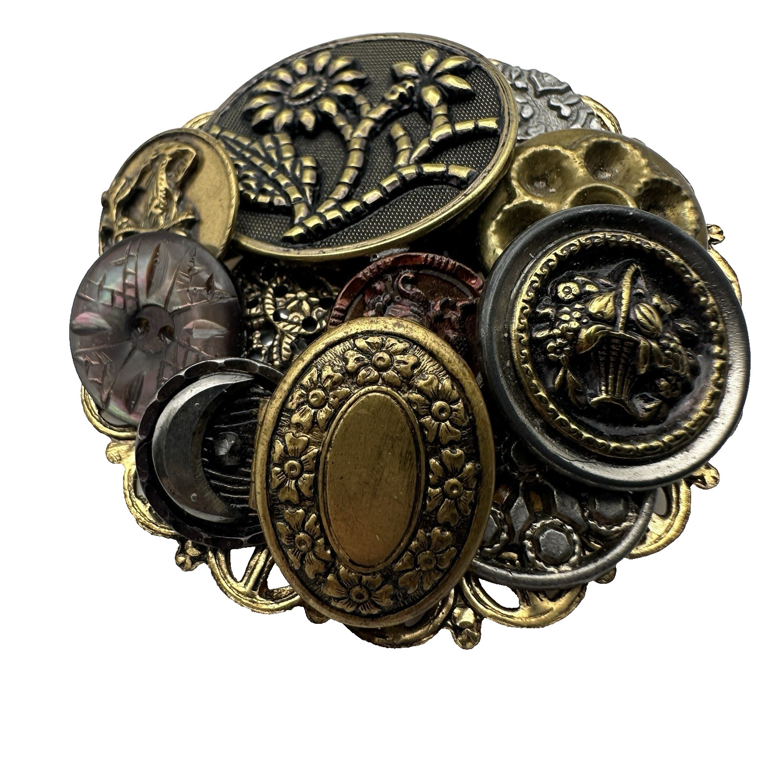 Victorian Steampunk Gothic Button Collage Assemblage Cluster Brooch Locket Pin