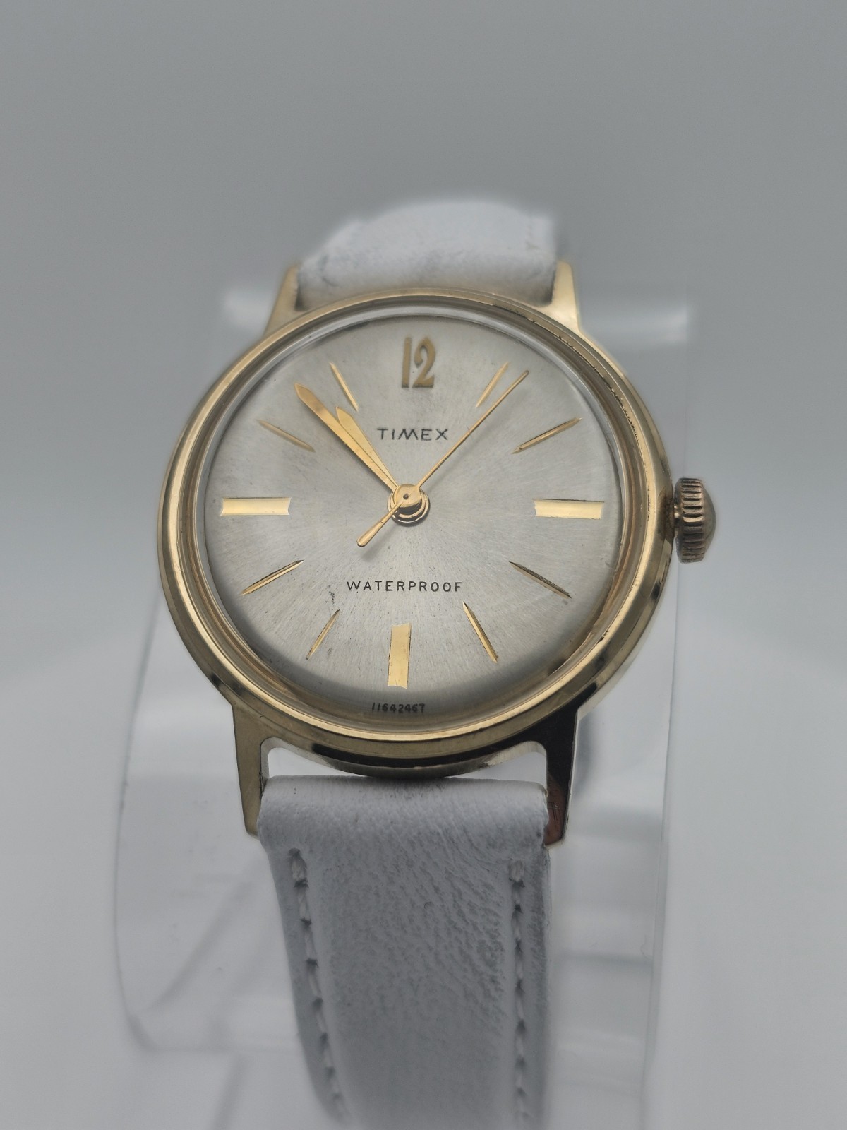 Timex Vintage Manual Wind Analog 29.5mm Gold SS Case Silver Dial White Strap