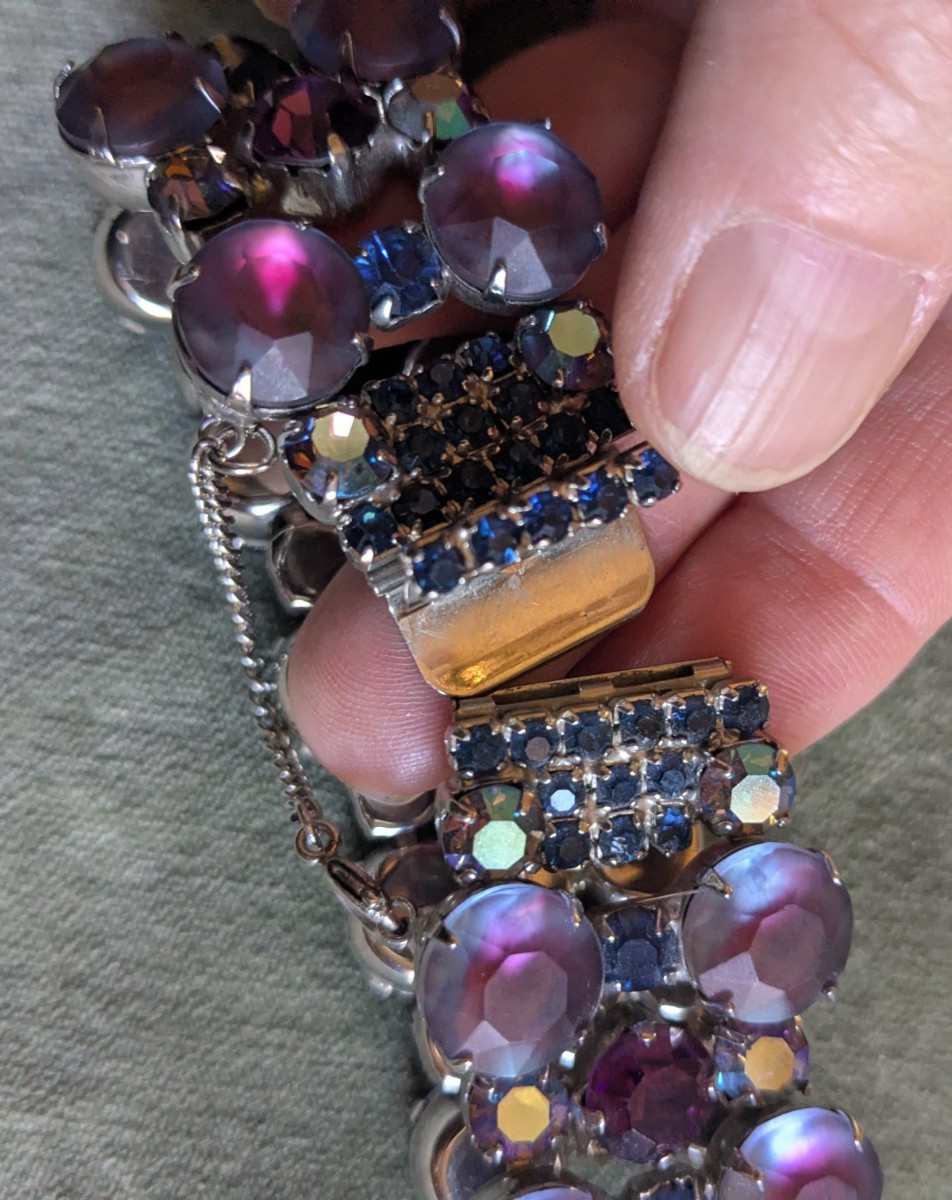 Vintage rhinestone bracelet pink, purple, blue MCM cuff safety chain unsigned