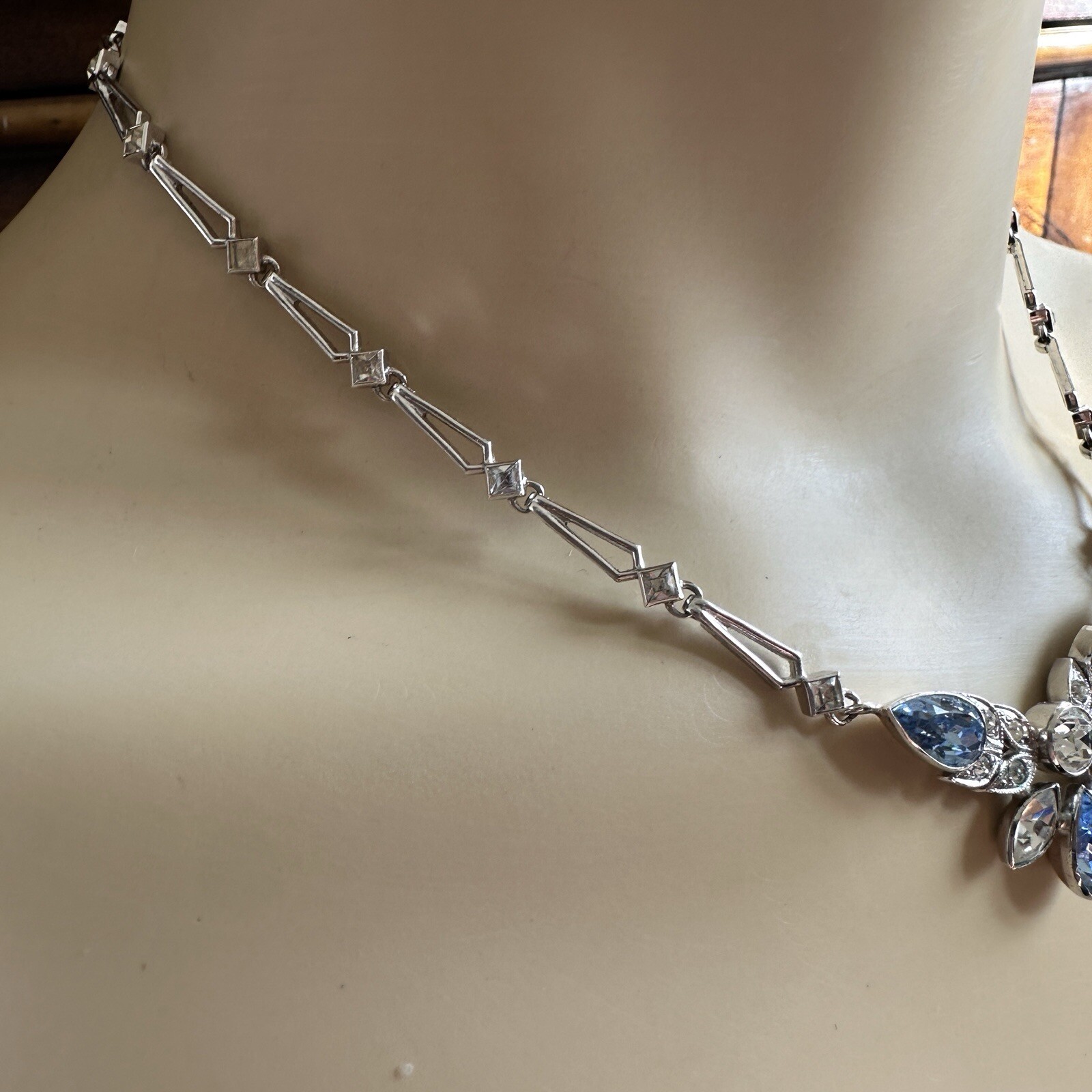 VTG Engel Brothers Art Deco Link Necklace 15 Inch Clear Blue 925 Sterling 16.8g
