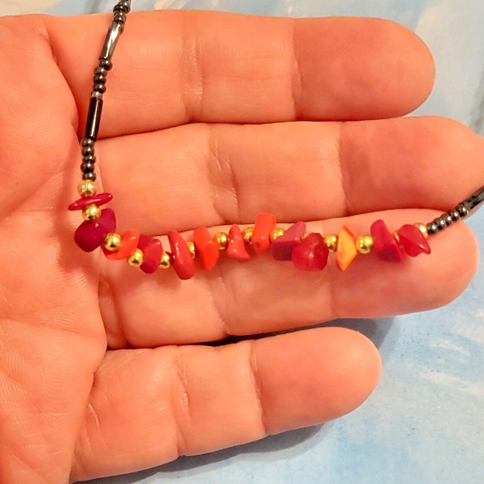 Vintage Agate Hematite Beaded Necklace Surfer, Colorful Boho Beach rd01-29