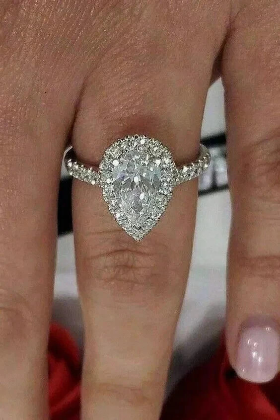 1.50Ct Pear Moissanite Halo Style Engagement Wedding Ring 14k White Gold Plated