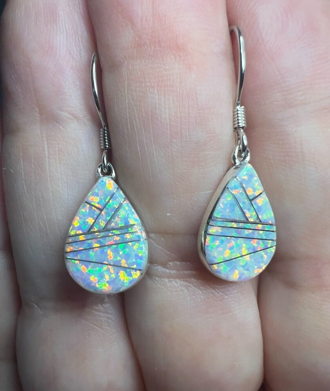 Gorgeous Sterling Silver White Lab Opal Teardrop Dangle Earrings