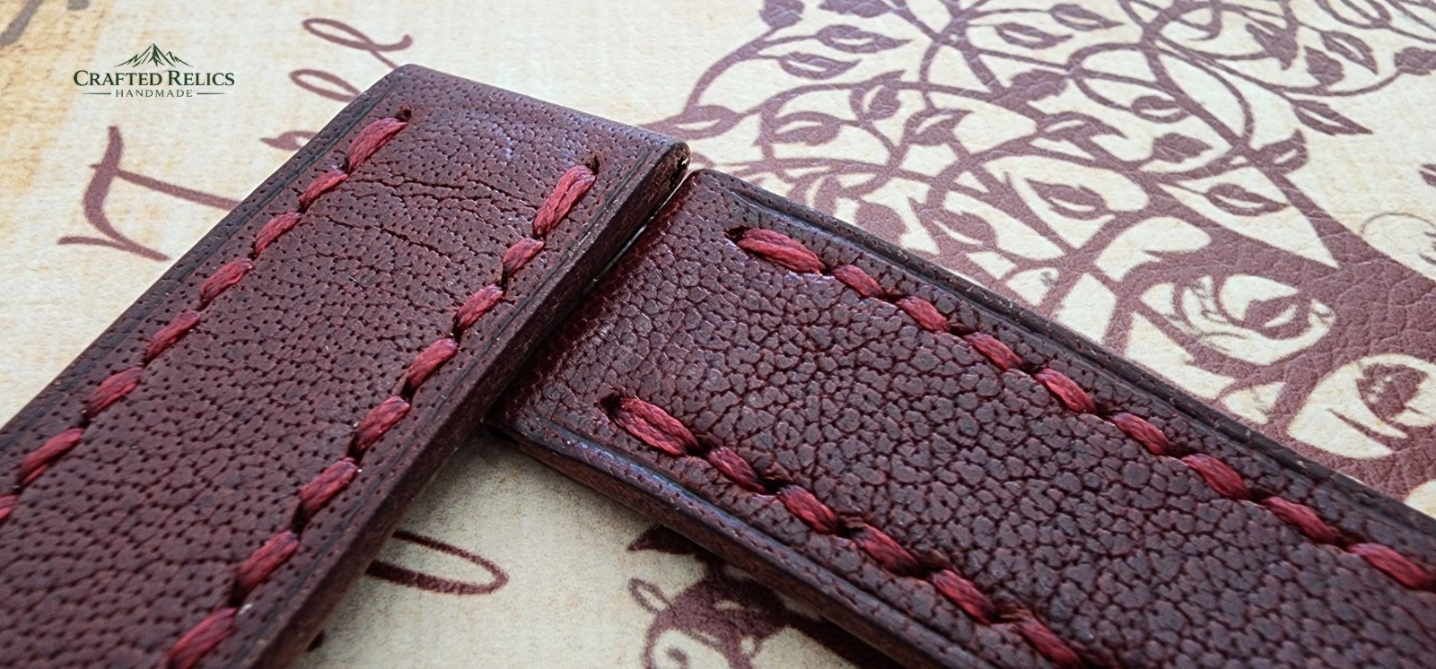 20mm Handmade Burgundy Italian Waxed Leather Watch Strap Red Stitch 20-18