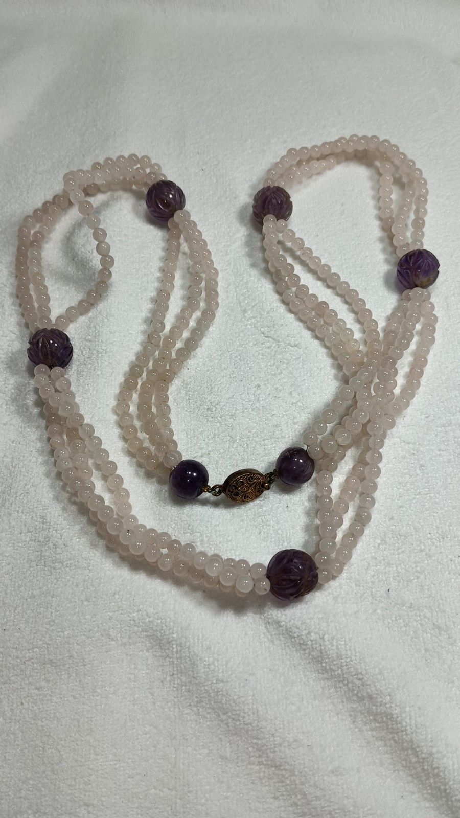 Vintage Chinese Rose Quartz Carved Amethyst Stone Beaded Necklace Silver Clasp
