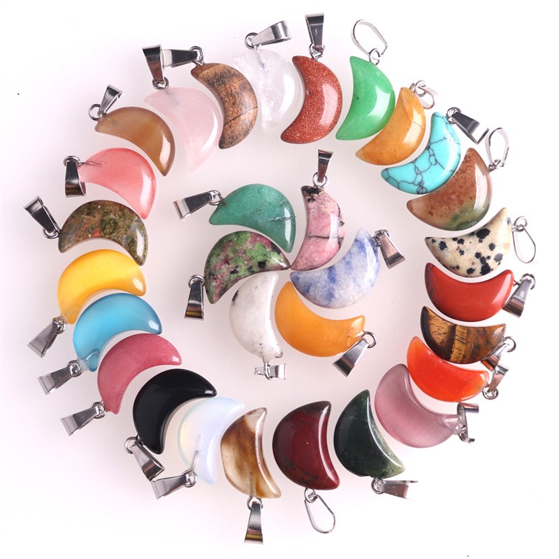 10Pcs Natural Gemstone Moon Shape Random Pendant Bead C377