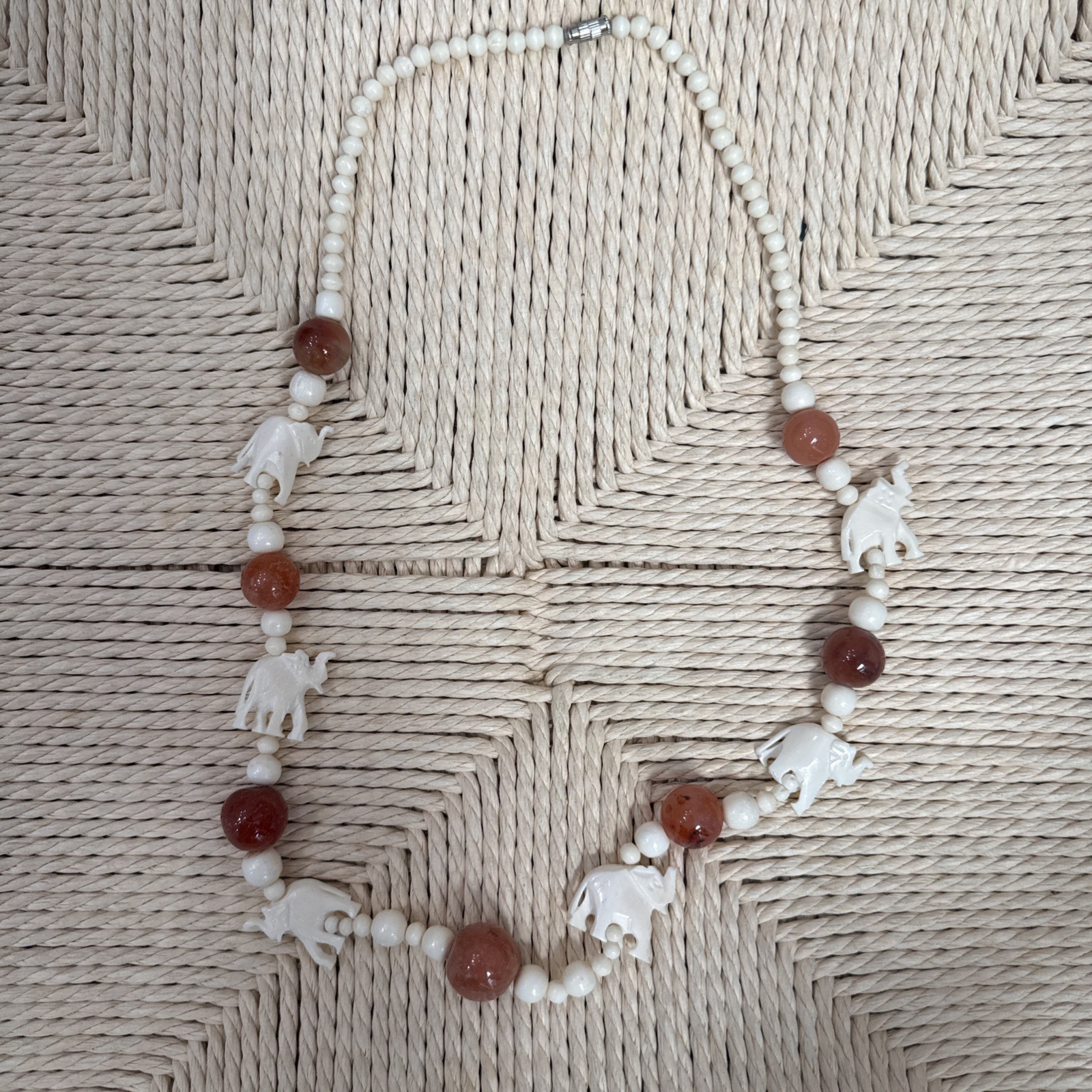Vintage Elephant Beaded Necklace Tribal Boho Statement Natural Material 26”