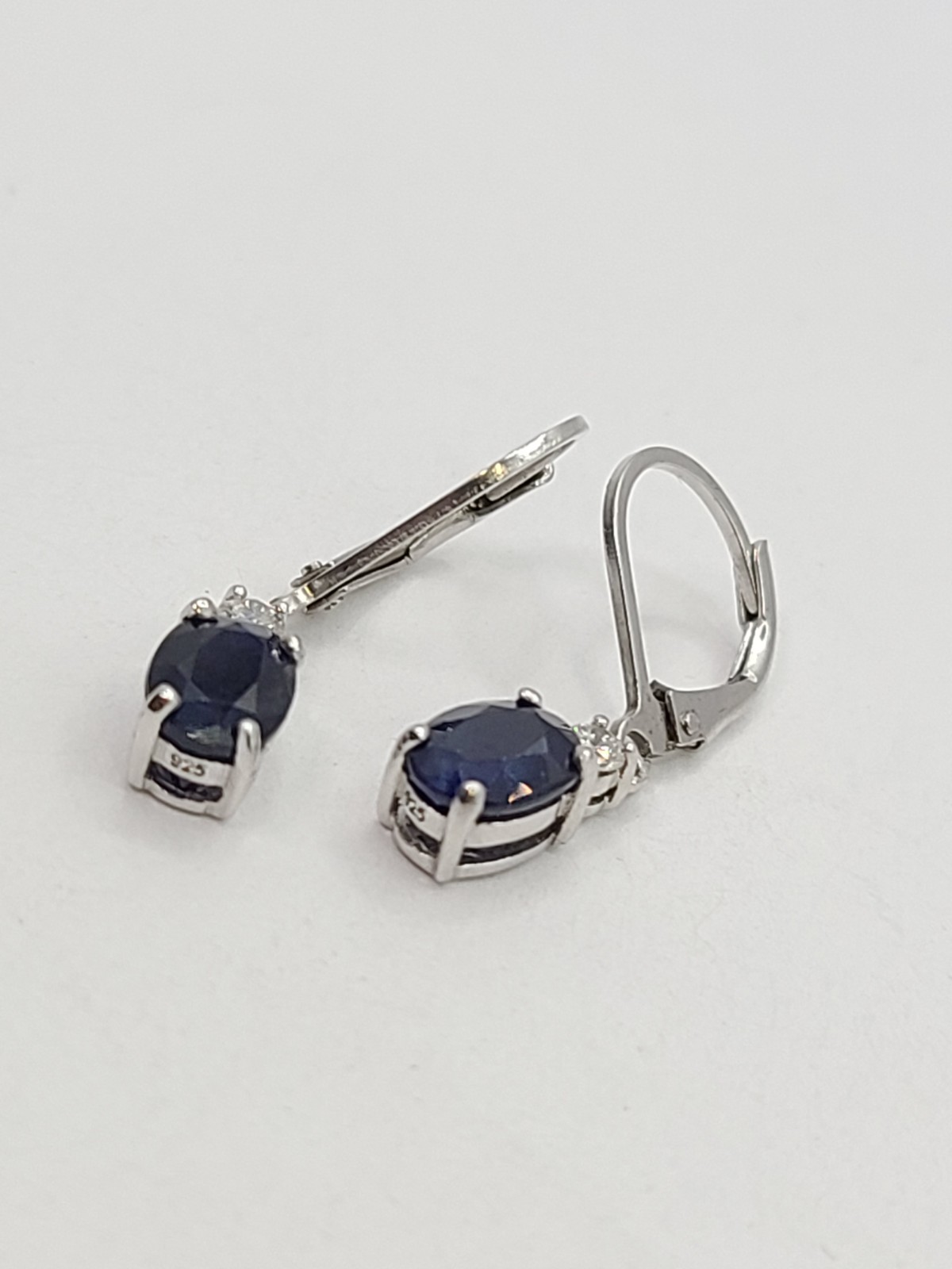 Diffused Blue/White Sapphire Dangle Drop Sterling Silver Hoop Earrings