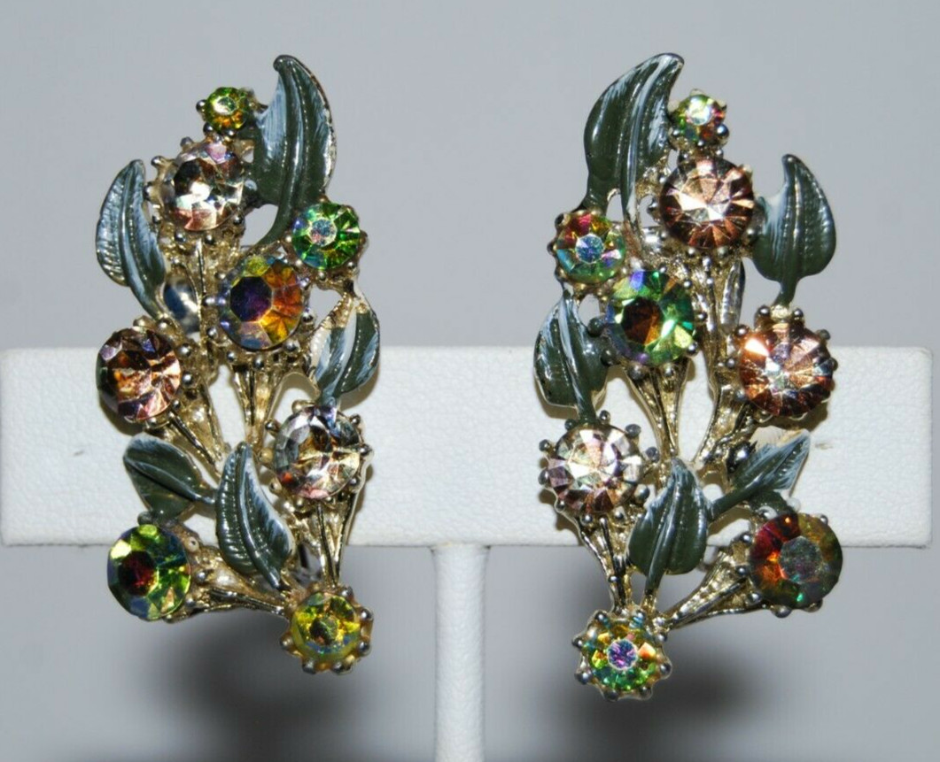 Elegant Vtg MCM Couture Enamel & Crystals Rhinestones Ear Climbers Clip Earrings