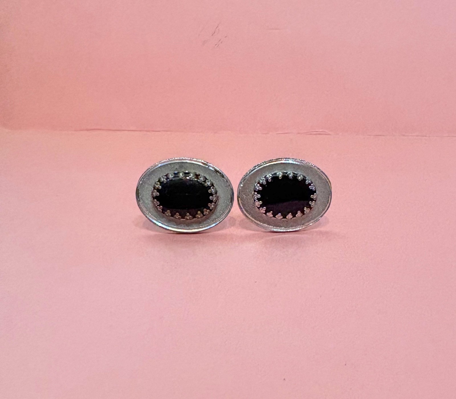 Vintage Silver Tone & Black Stone Art Deco Oval Cuff Links