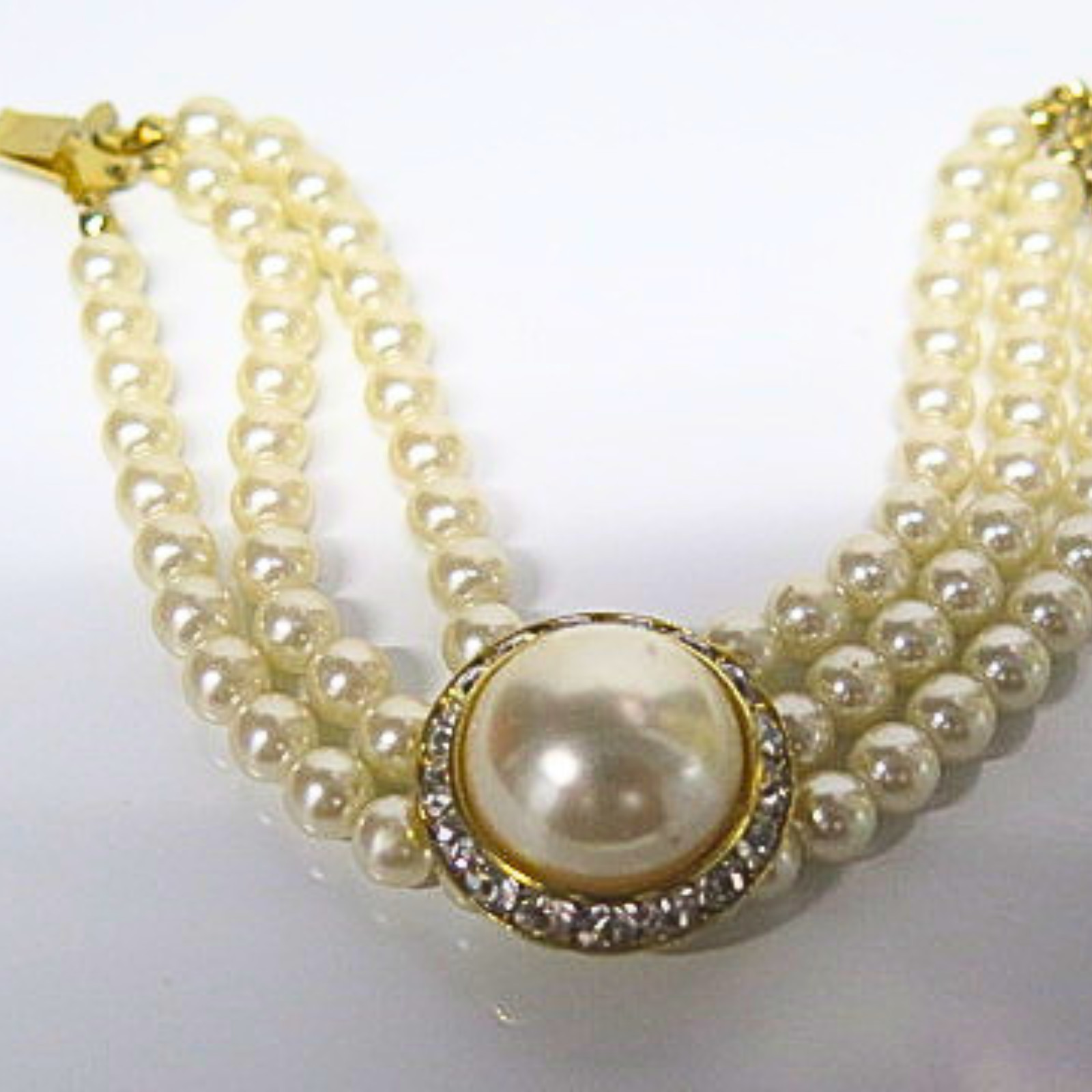 Vintage 4 Strand Faux Pearl Bracelet Rhinestone Gold Tone Estate 7.5″ Bridal