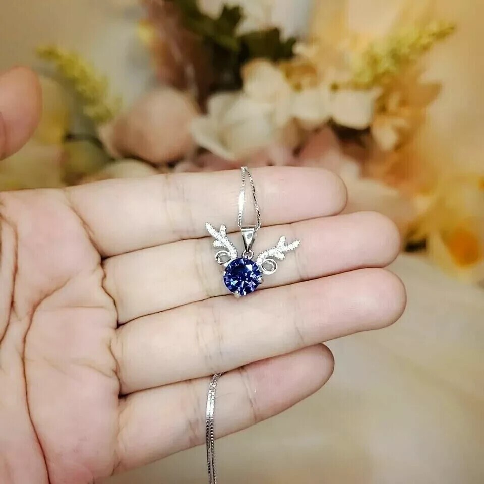 Round Simulated Blue Sapphire Stunning Women’s Pendant 14K White Gold Plated