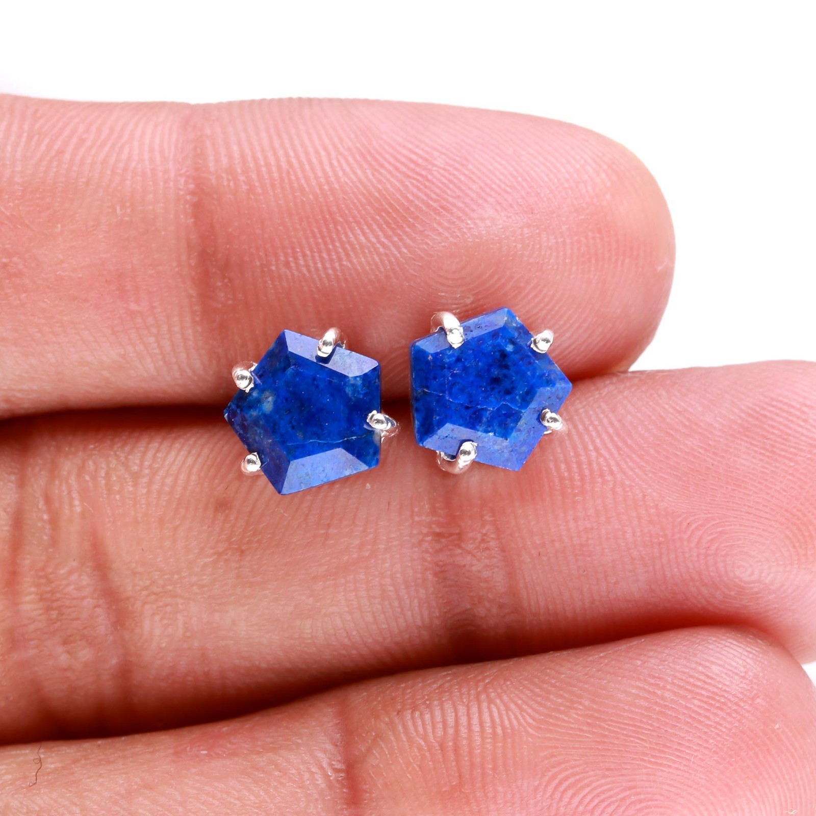 Natural Lapis Lazuli Pentagon Stud Earrings 925 Sterling Silver Handmade Jewelry