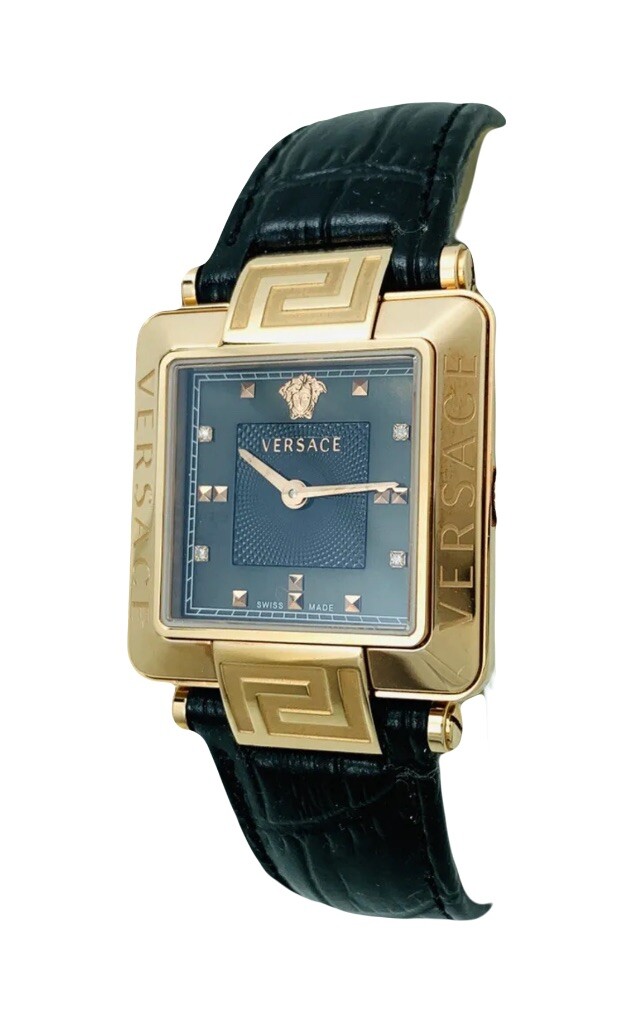 Versace Women’s 88Q80SD008S009 Rêve Carré Diamonds Black Leather Strap Watch 88Q