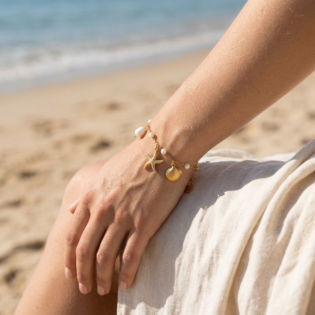 Adjustable Gold Tone Starfish Shell Charm Bracelet Ocean Themed Bracelet