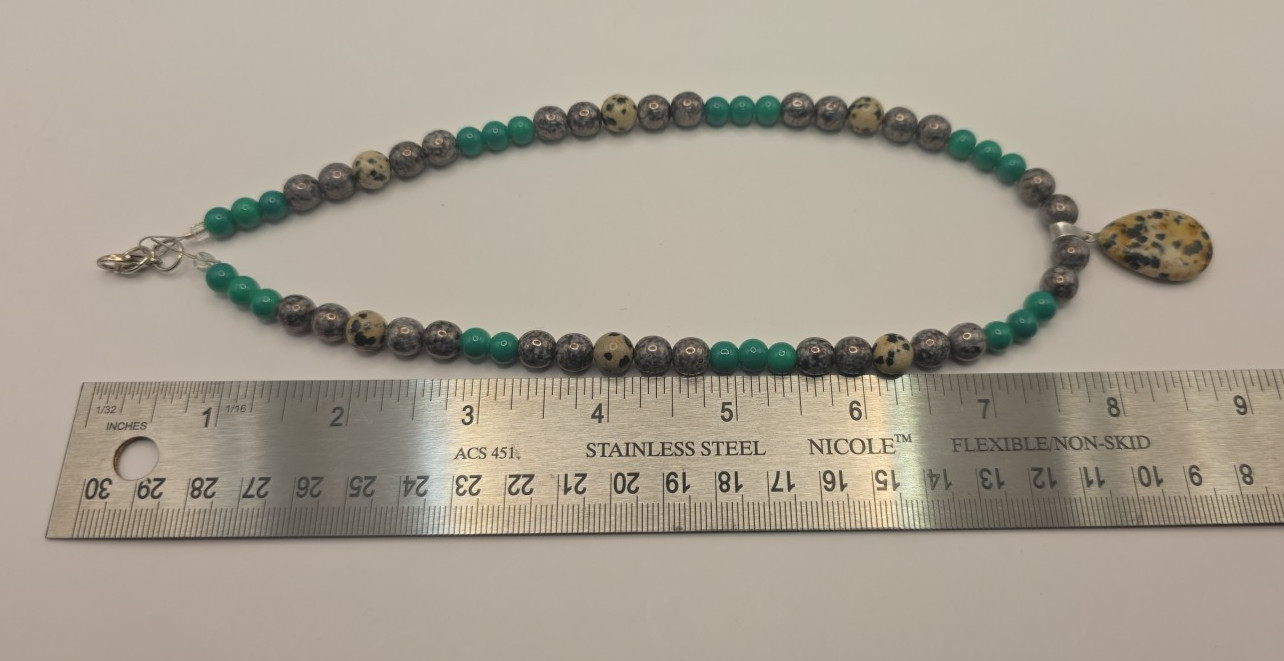 Beaded Necklace Green Silver and Tan with Pendant