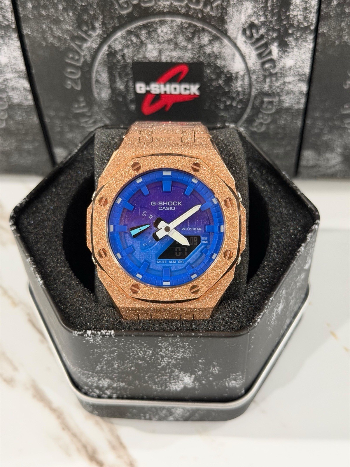 Casio GA-2100 G-Shock Watch – Sandblasted Gold Rose Frosted – Blue Dial
