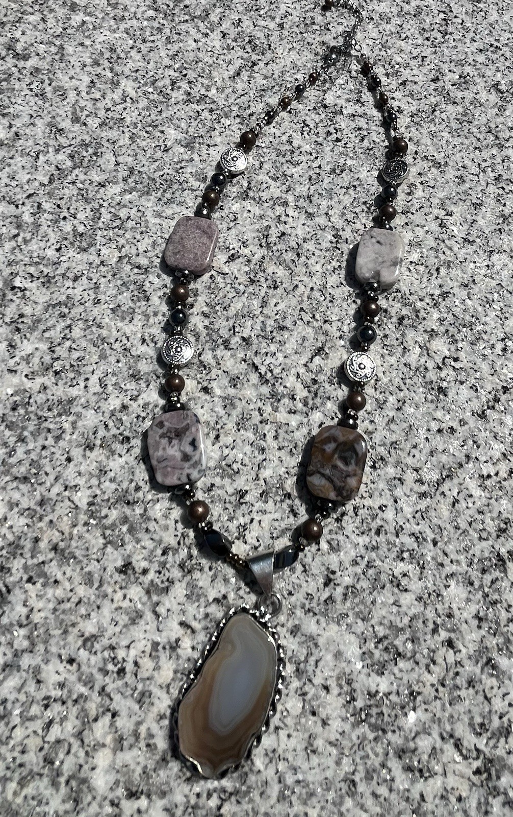 Agate Slice Pendant Necklace 925 Silver Crazy Lace, Copper, Hematite, 19″ NICE