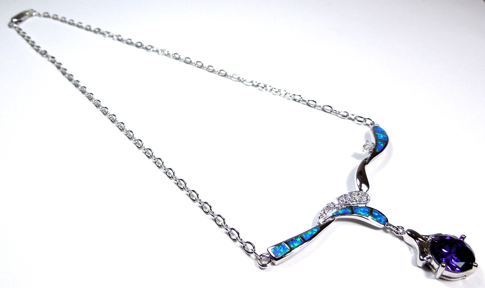 Beautiful Amethyst & Blue Fire Opal Genuine 925 Sterling Silver Necklace 18″