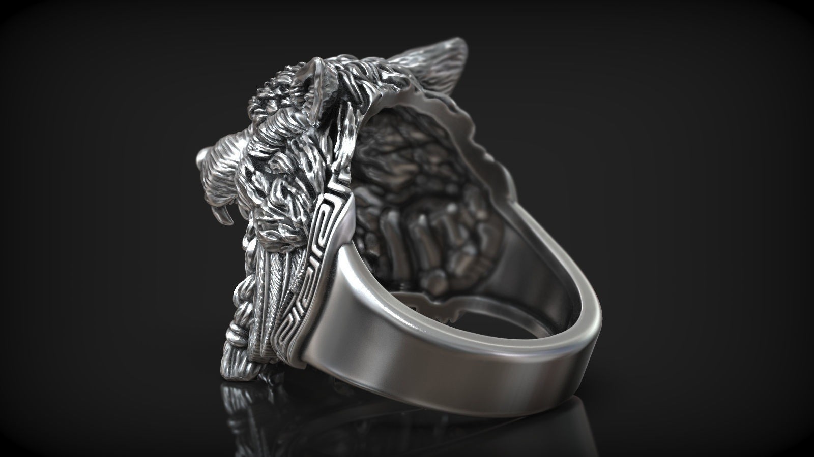 Oxidized Native American Indian Chief Skull & Wolf Head 925Silver Statement Ring