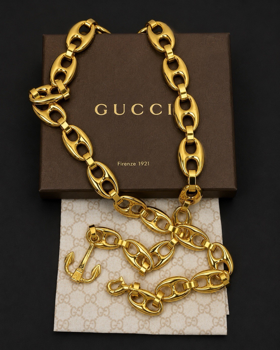 Gucci Mariner Chain Link Belt / Necklace, Anchor Charm, Gold Tone, W Box, COA