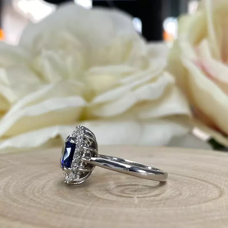 3.00 Ct Cushion Natural Sapphire & Diamond Engagement Ring 14K White Gold Size 5