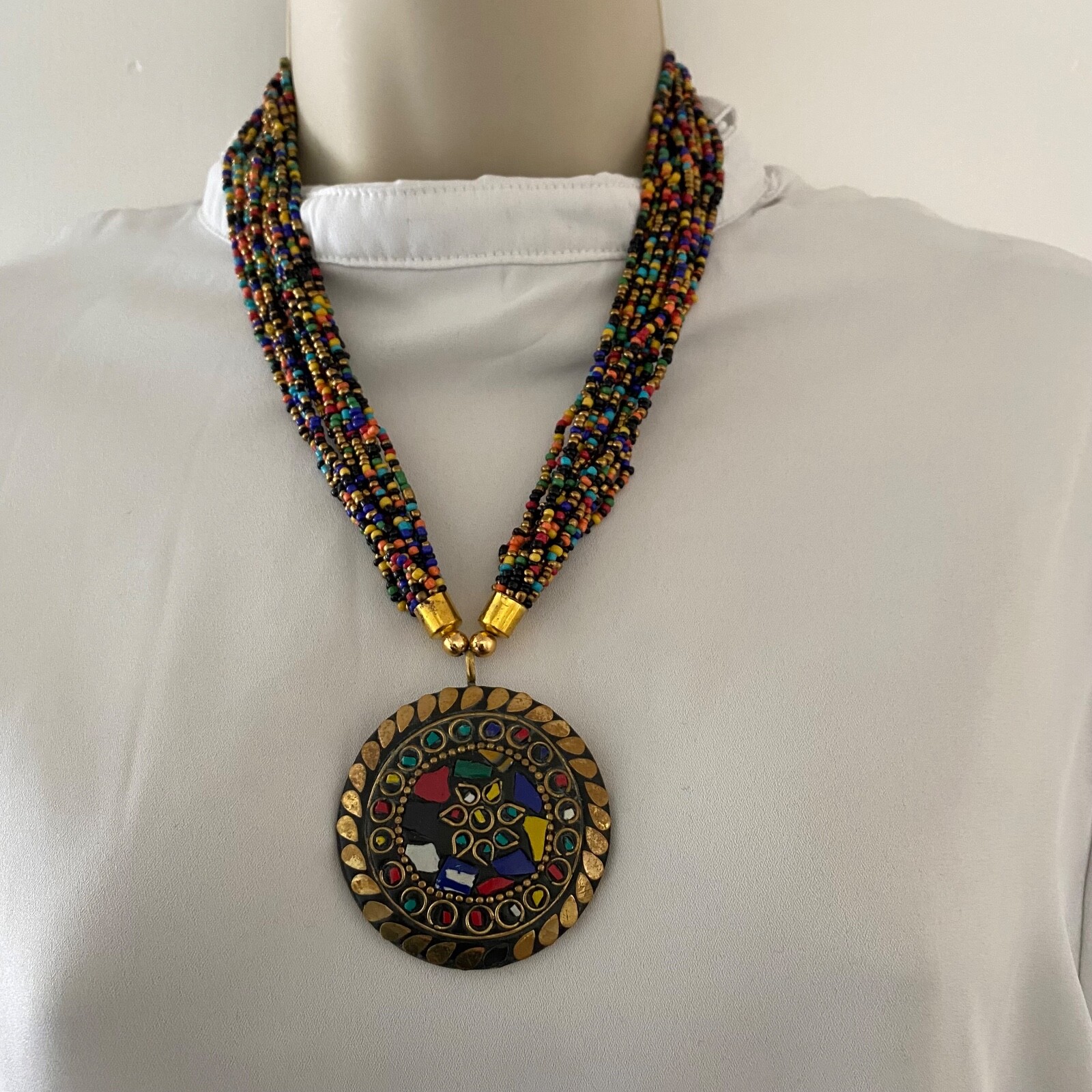 Ethnic Style Multi Coloured/Strand Beaded Boho Necklace with Pendant – NEW