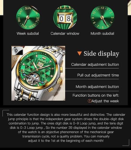 Men Automatic Watch Skeleton 5 Hands Mechanical Classic Luxury Multi Green